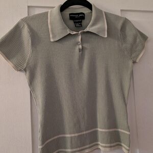 Y2K Style Silk Sage Green Ribbed Knit Polo Top